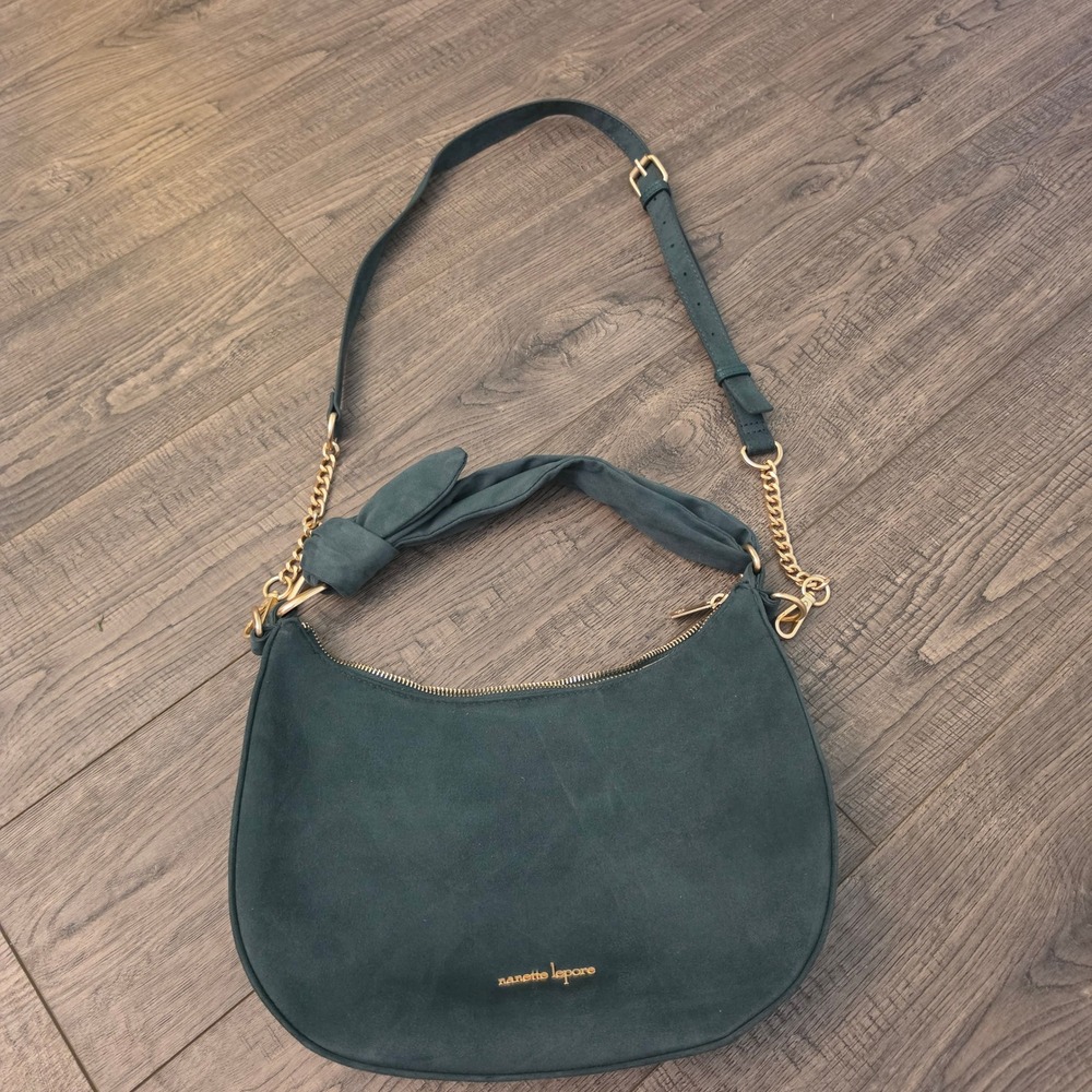 Nanette Lepore Teal Faux Suede Hobo Crossbody Bag with Knot Handle Gold Hardware